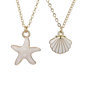 2Pcs Alloy Enamel Shell & Starfish Pendants Necklaces, Brass Cable Chains Necklaces for Women