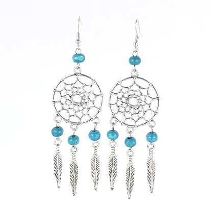 Alloy Chandelier Earrings, with Wood Beads and Brass Earring Hooks, 100mm, Pin: 0.7mm