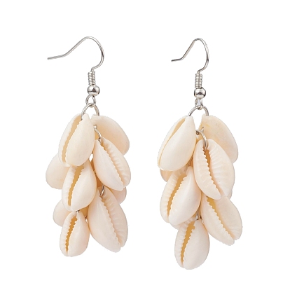 Natural Cowrie Shell Dangle Earrings, Cluster Earrings, with Brass Earring Hooks, Platinum