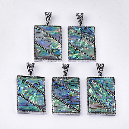 Abalone Shell/Paua Shell Big Pendants, with Resin Bottom and Alloy Findings, Rectangle