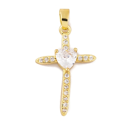 Rack Plating Brass Micro Pave Clear Cubic Zirconia Pendants, Long-Lasting Plated, Lead Free & Cadmium Free, Cross