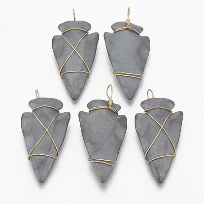 Non-magnetic Synthetic Hematite Pendants, with Golden Tone Brass Findings, Matte Style, Arrows