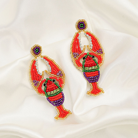 304 из нержавеющей стали серьги, омар, с бисером и искусственной кожей, платина