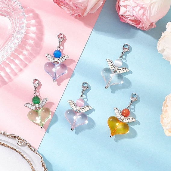 Подвеска в форме сердца с кошачьим глазом и акрилом, с крылышками из сплава тибетского стиля и 304 карабинами из нержавеющей стали