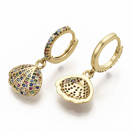 Brass Micro Pave Colorful Cubic Zirconia Dangle Hoop Earrings, Scallop  Shell Shape, Real 16K Gold Plated