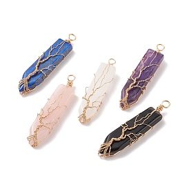 Natural Gemstone Big Pendants, with Golden Tone Copper Wire Wrapped, Sword with Tree with Tree