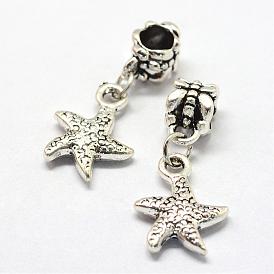 Alloy European Dangle Charms, Tibetan Style, Large Hole Pendants, Starfish/Sea Stars