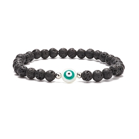Flat Round with Evil Eye Shell & Natural Lava Rock Beaded Stretch Bracelet, Essential Oil Gemstone Jewelry for Women