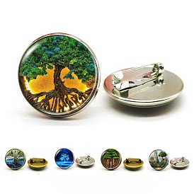 Alloy Pin, Glass Flat Round with Tree of Life Brooch