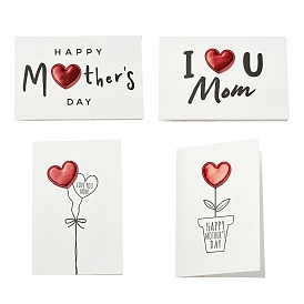 Kraft Paper Greeting Cards, Tent Card, Mother's Day Theme, Rectangle with PU Leather Heart