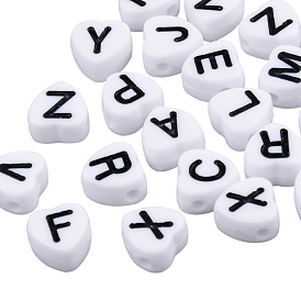 White Opaque Acrylic Enamel Beads, Heart with Mixed Black Letters