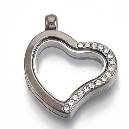Alloy Magnetic Locket Pendants, with Rhinestone and Glass, Heart, Crystal