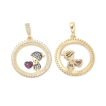 Латунные микро проложить кубического циркония подвески, без кадмия и без свинца, плоский круг с подвесками в виде мальчика и сердца, золотые