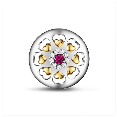 Tinysand 925 perle européenne en argent sterling avec zircone cubique, fleur avec coeur d'or, 11.91x12.46x9.76mm, Trou: 5.11mm