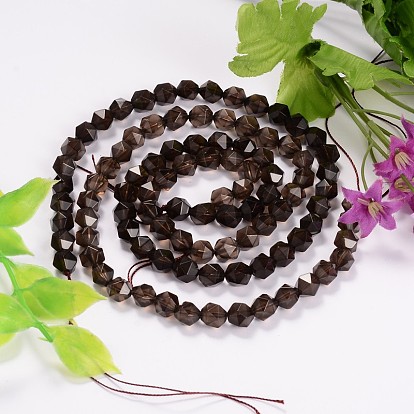 Faceted Natural Smoky Quartz Gemstone Bead Strands, Star Cut Round Beads