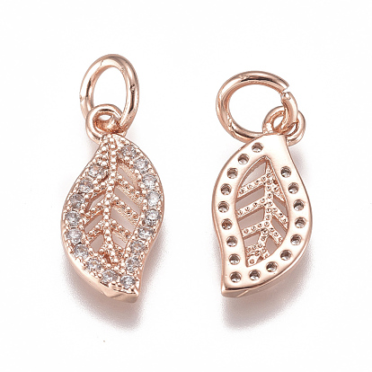 Brass Micro Pave Cubic Zirconia Charms, with Jump Ring, Long-Lasting Plated, Leaf