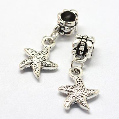 Alloy European Dangle Charms, Tibetan Style, Large Hole Pendants, Starfish/Sea Stars