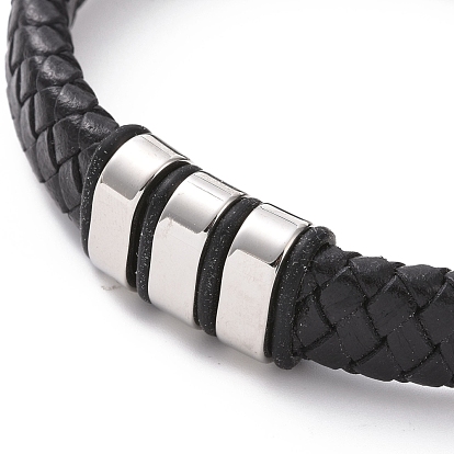 304 Stainless Steel Triple Rectangle Beaded Bracelet with Magnetic Clasps, Black Leather Braided Cord Punk Wristband for Men Women