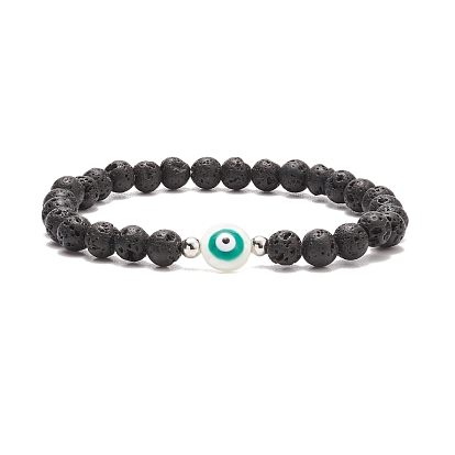 Flat Round with Evil Eye Shell & Natural Lava Rock Beaded Stretch Bracelet, Essential Oil Gemstone Jewelry for Women