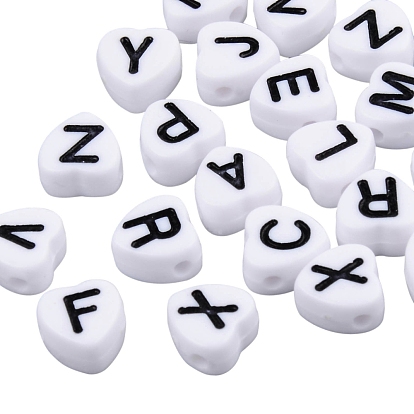White Opaque Acrylic Enamel Beads, Heart with Mixed Black Letters