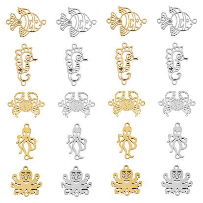 20шт 10 стили 201 подвески из нержавеющей стали, ссылки на морских животных, лазерная резка, форма осьминога, кальмара, золотой рыбки, морского конька и краба