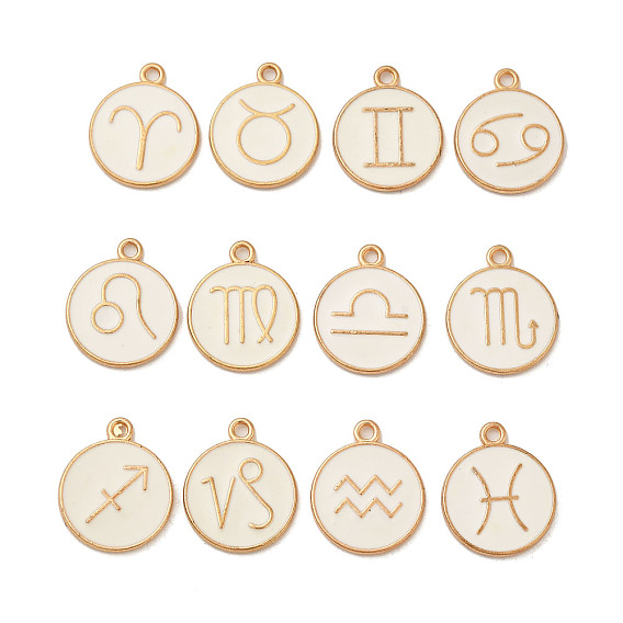 12Pcs Alloy Enamel Pendants, Flat Round with Constellation Sign
