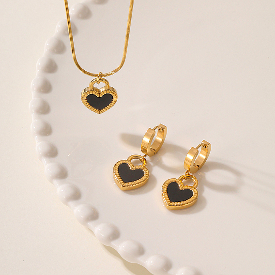 201 Stainless Steel Shell Heart Stud Earrings & Pendant Necklaces Sets for Women