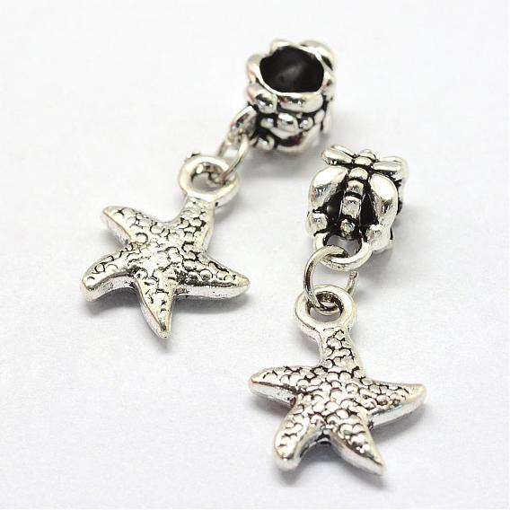 Alloy European Dangle Charms, Tibetan Style, Large Hole Pendants, Starfish/Sea Stars