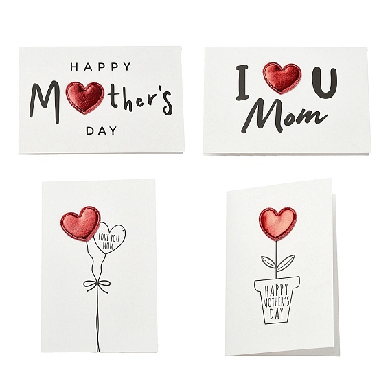 Kraft Paper Greeting Cards, Tent Card, Mother's Day Theme, Rectangle with PU Leather Heart