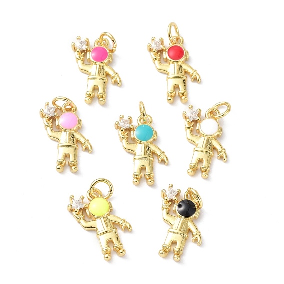 Brass Clear Cubic Zirconia Enamel Pendant, with Jump Rings, Long-Lasting Plated, Lead Free & Cadmium Free, Human, Real 18K Gold Plated