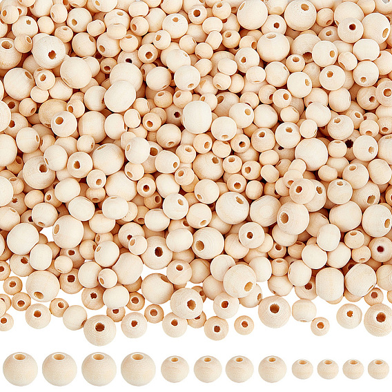 1700Pcs 3 Styles Natural Unfinished Wood Beads, Macrame Beads, Round Wooden Large Hole Beads for Craft Making