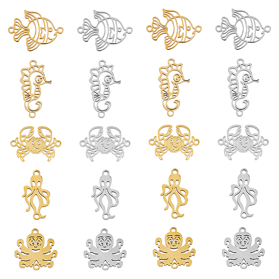 20шт 10 стили 201 подвески из нержавеющей стали, ссылки на морских животных, лазерная резка, форма осьминога, кальмара, золотой рыбки, морского конька и краба
