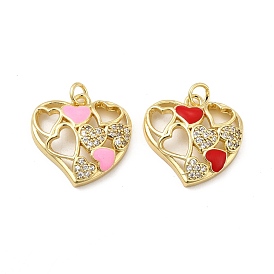 Real 18K Gold Plated Brass Micro Pave Clear Cubic Zirconia Pendants, with Jump Ring & Enamel, Hollow Asymetrical Heart Charm
