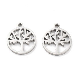 316 Surgical Stainless Steel Charms, Manual Polishing, Flat Round with Tree of Life