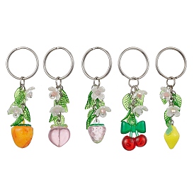 Fruits & Leaf Acrylic Pendant Keychain, with Iron Keychain Ring, Mixed Shapes