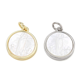 Anhänger aus galvanisiertem Messing und naturweißen Muscheln, flach rund mit Jungfrau Maria Charms, cadmiumfrei und bleifrei
