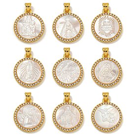 Rack Plating Brass Micro Pave Clear Cubic Zirconia Flat Round Pendants, Carved Natural White Shell Charms, Golden