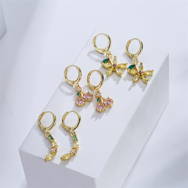 Cute Cherry Flower Geometric Earrings - 18K Gold Plated with Micro Inlaid Zircon.