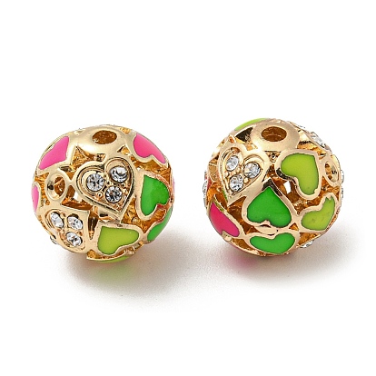 Golden Alloy Enamel Beads, with Rhinestone, Round with Heart