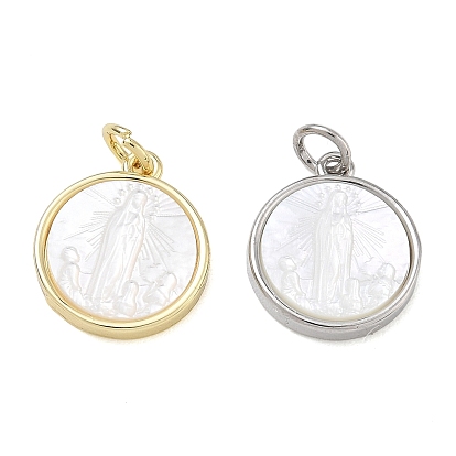 Anhänger aus galvanisiertem Messing und naturweißen Muscheln, flach rund mit Jungfrau Maria Charms, cadmiumfrei und bleifrei