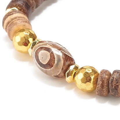 2Pcs 2 Style Mala Bead Bracelets Set, Natural Coconut & Gemstone Stretch Bracelets Set with Tibetan Style DZi Beads for Women
