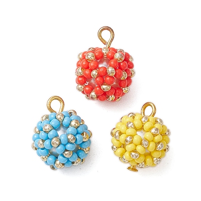 3pcs 3 couleurs perles de rocaille breloques en perles, pendentif boule de fleurs, avec boucle en fer