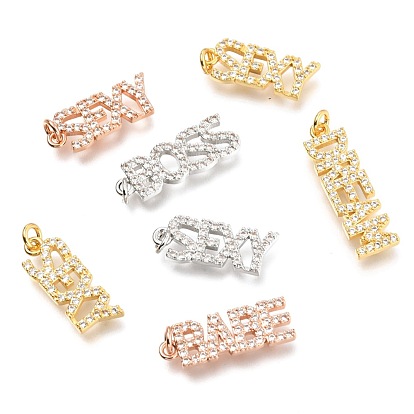 Brass Micro Pave Clear Cubic Zirconia Pendants, Long- Lasting Plated, with Jump Ring, Word Sexy
