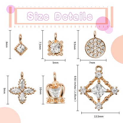 12Pcs 6 Style Brass Pendants, with Clear Cubic Zirconia, Mixed Shapes