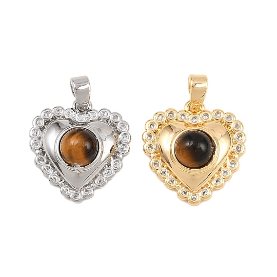 Природных тигровый глаз подвески, подвески в форме сердца с латунными микропаве из прозрачных кубических цирконий