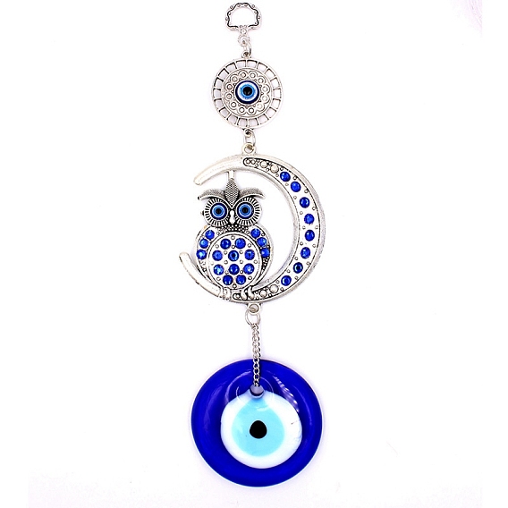 Lampwork Turkish Blue Evil Eye Pendant Decoration, with Alloy Rhinestone Moon with Owl Link for Home Wall Hanging Ornament