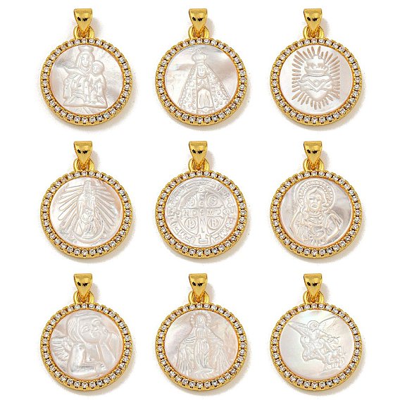 Покрытие стойки латунь микро паве прозрачный кубический цирконий плоские круглые подвески, резные подвески из натуральных белых ракушек, золотые