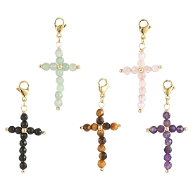 Cross Natural Gemstone Pendant Decoraiton, 304 Stainless Steel Lobster Claw Clasps Charms