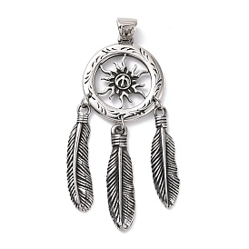 Tibetan Style 304 Stainless Steel Manual Polishing Big Pendants, Woven Net/Web with Feather Charms with Sun