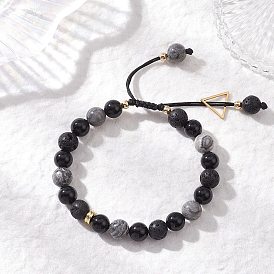 Природная лава, Природные обсидиана, Браслеты из натурального камня-карты/камня Пикассо/яшмы Пикассо с регулируемыми бусинами, круглые